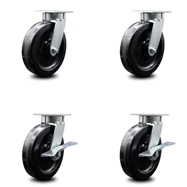 8 Inch Kingpinless Phenolic Wheel Swivel Caster Set with 2 Brakes